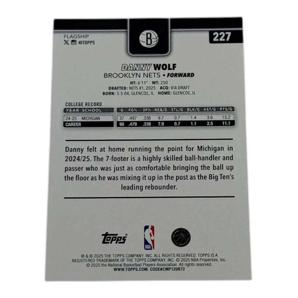 2024-25 Topps Danny Wolf Brooklyn Nets Rookie Card #227‎ Michigan RC Basketball - Picture 2 of 2